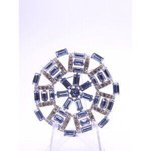 Vintage Bogoff Round Blue Rhinestone Silver Tone Wheel Shaped Brooch Pin